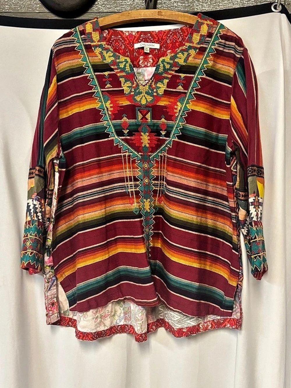 John Mark Boho Southwestern Serape Striped Split V-Neck Embroidered Tunic Blouse